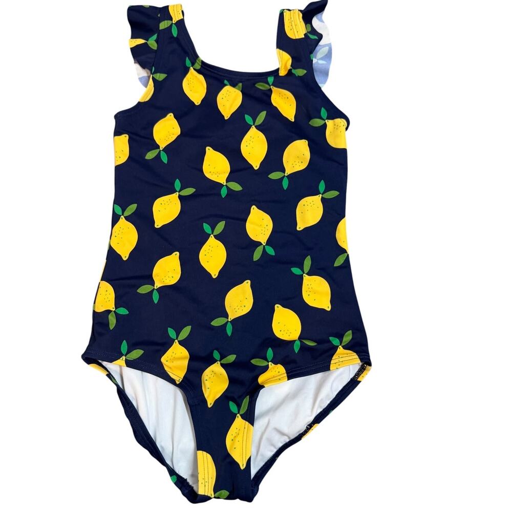 Hanna Andersson Girls Size 6-7 Navy Blue Yellow Lemon One Piece Swimsuit